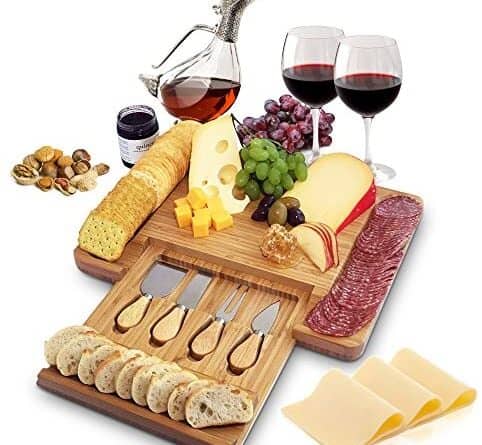 Home Euphoria Natural Bamboo Cheese Board and Cutlery Set with Slide-out Drawer. Serving Tray for Wine, Crackers, Charcuterie. Perfect for Christmas, Wedding & Housewarming Gifts.