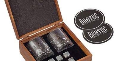 Whiskey Stones Gift Set - 8 Granite Chilling Whisky Rocks - 2 Large Crystal Whiskey Drinking Glasses - 2 Coasters in Handmade Wooden Box – Premium Bar Accessories for the Best Tasting Beverages
