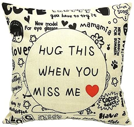 White and Black Decorative Throw Pillow Covers Hug This When You Miss Me Gift for Her Romantic Cute Woven Accent Cotton Square Cushion Case Casual Life Sofa Couch Toss Pillowcase Nook 18 X18 Inches