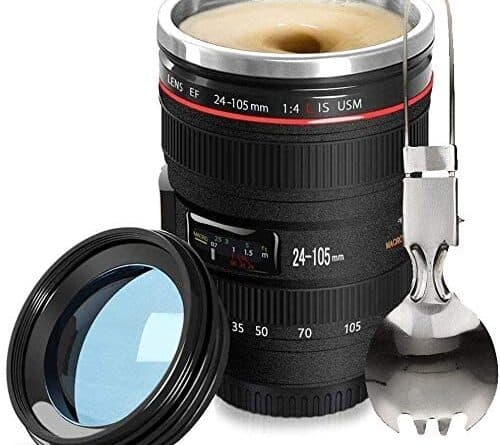 Fanatek Camera Lens Coffee Mug - 12.5oz,Reusable Tumbler Lens Mugs+Foldable Spoon,Stainless Steel Thermos & Blue Lid,Camera Gifts for Photographer,Travel SLR Camera cup,Interesting Finds for Men,Women